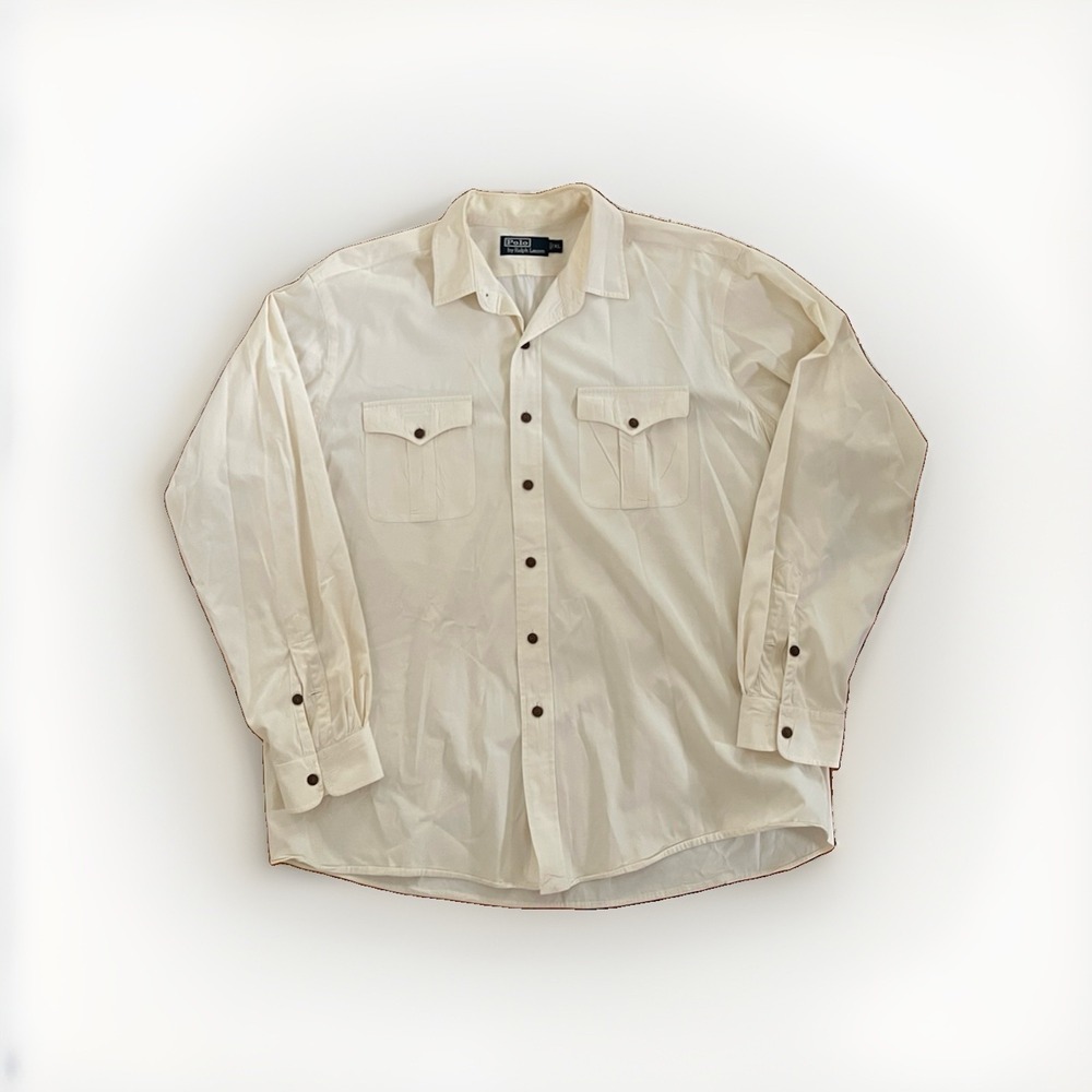 Vintage Polo Ralph Lauren Shirt Mens XL Beige Cotton Silk Blend Safari Western